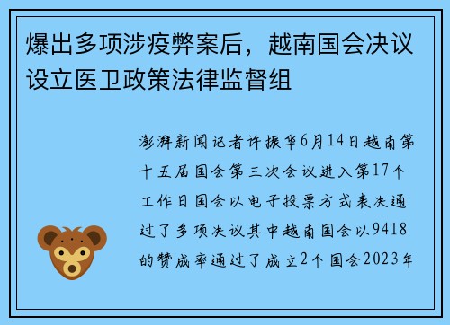 爆出多项涉疫弊案后，越南国会决议设立医卫政策法律监督组